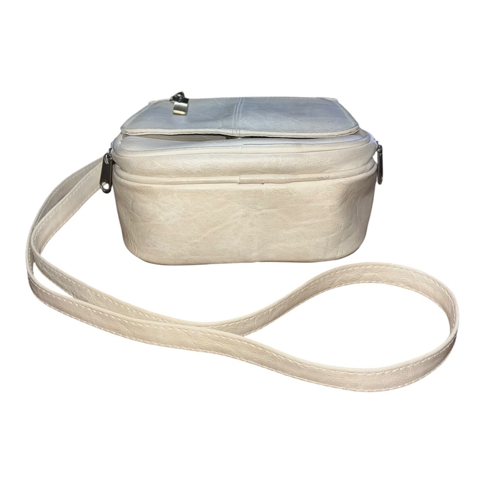Vintage Cream Vinyl Crossbody Bag Multi Pocket Organizer‎ Shoulder Bag Off White - Picture 2 of 6